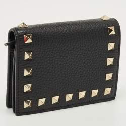 Pre Owned Valentino Black Leather Rockstud Flap Card Case