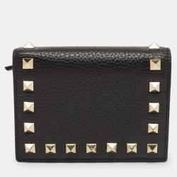 Pre Owned Valentino Black Leather Rockstud Flap Card Case