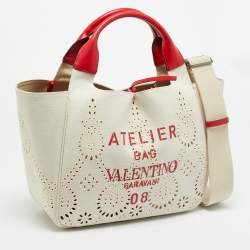 Pre Owned Valentino 08 San Gallo Edition Atelier Medium Natural/Red Canvas Tote