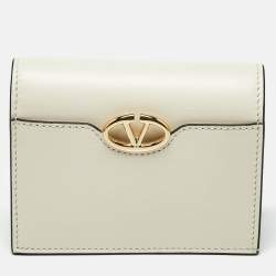 Pre Owned Valentino VLogo Cream Leather Compact Wallet