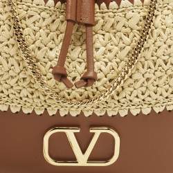 مملوكة مسبقًا حقيبة باكيت فالنتينو شعار في صغيرة قش ولون بيج/بني وجلد