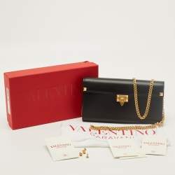 Pre Owned Valentino Rockstud Alcove Black Leather Wallet On Chain