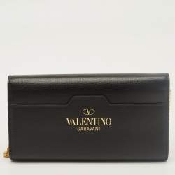 Pre Owned Valentino Rockstud Alcove Black Leather Wallet On Chain