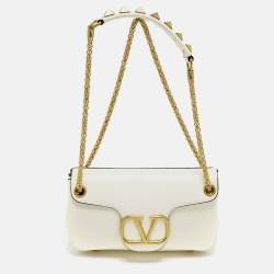 Pre Owned Valentino Stud Sign Ivory Leather Flap Shoulder Bag