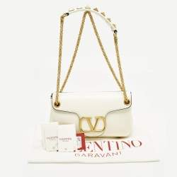 Pre Owned Valentino Stud Sign Ivory Leather Flap Shoulder Bag