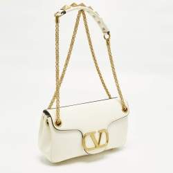 Pre Owned Valentino Stud Sign Ivory Leather Flap Shoulder Bag