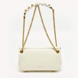 Pre Owned Valentino Stud Sign Ivory Leather Flap Shoulder Bag