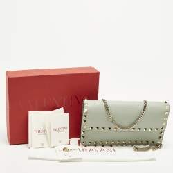 Pre Owned Valentino Rockstud Light Green Leather Wallet On Chain