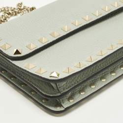 Pre Owned Valentino Rockstud Light Green Leather Wallet On Chain