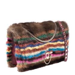 Pre Owned Valentino Multicolor Mink Fur and Leather Chain Shoulder Bag