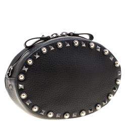 Pre Owned Valentino Black Leather Embroidered Guitar Rockstud Rolling Crossbody Bag