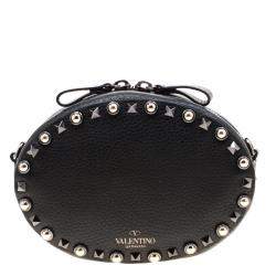 Pre Owned Valentino Black Leather Embroidered Guitar Rockstud Rolling Crossbody Bag