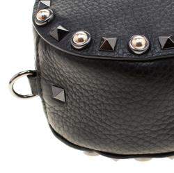Pre Owned Valentino Black Leather Embroidered Guitar Rockstud Rolling Crossbody Bag