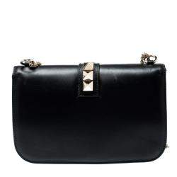 Pre Owned Valentino Black Leather Large Glam Lock Chain Shoulder Bag