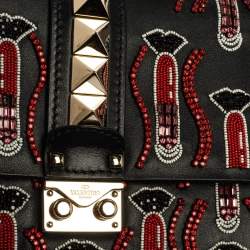 Pre Owned Valentino Black Rockstud Crystal Embellished Leather Medium Glam Lock Flap Bag