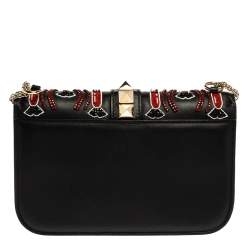 Pre Owned Valentino Black Rockstud Crystal Embellished Leather Medium Glam Lock Flap Bag