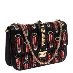 Pre Owned Valentino Black Rockstud Crystal Embellished Leather Medium Glam Lock Flap Bag