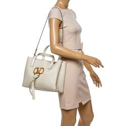 Valentino Light Ivory Leather Small E/W VRING Tote