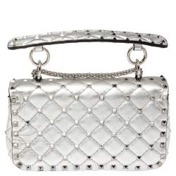 Valentino Silver Quilted Leather Small Rockstud Spike Shoulder Bag