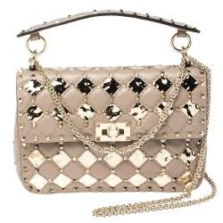 Valentino Poudre/Platinum Quilted Leather Medium Rockstud Spike.It With Metal Rhombus Detail Shoulder Bag