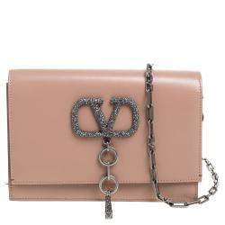 Pre Owned Valentino Rose Canelle Leather Small VCASE With Swarovski Crystals Logo Shoulder Bag