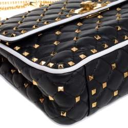 Pre Owned Valentino Black/White Quilted Leather Medium Rockstud Spike Shoulder Bag