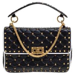 Pre Owned Valentino Black/White Quilted Leather Medium Rockstud Spike Shoulder Bag