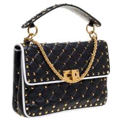 Pre Owned Valentino Black/White Quilted Leather Medium Rockstud Spike Shoulder Bag