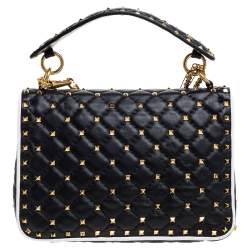 Pre Owned Valentino Black/White Quilted Leather Medium Rockstud Spike Shoulder Bag