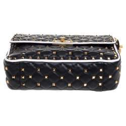 Pre Owned Valentino Black/White Quilted Leather Medium Rockstud Spike Shoulder Bag