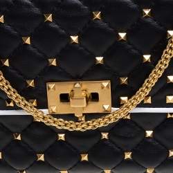 Pre Owned Valentino Black/White Quilted Leather Medium Rockstud Spike Shoulder Bag