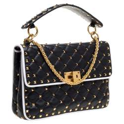 Pre Owned Valentino Black/White Quilted Leather Medium Rockstud Spike Shoulder Bag
