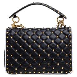 Pre Owned Valentino Black/White Quilted Leather Medium Rockstud Spike Shoulder Bag