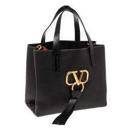 Pre Owned Valentino Black Pebbled Leather E/W VRING Tote