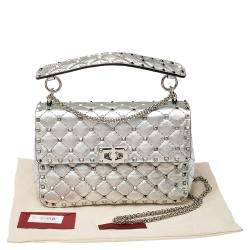 Pre Owned Valentino Silver Quilted Leather Medium Rockstud Spike Shoulder Bag