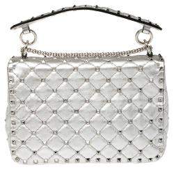 Pre Owned Valentino Silver Quilted Leather Medium Rockstud Spike Shoulder Bag