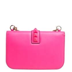 Pre Owned Valentino Neon Pink/White Leather Rockstud Medium Glam Lock Flap Bag