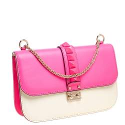 Pre Owned Valentino Neon Pink/White Leather Rockstud Medium Glam Lock Flap Bag