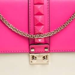 Pre Owned Valentino Neon Pink/White Leather Rockstud Medium Glam Lock Flap Bag