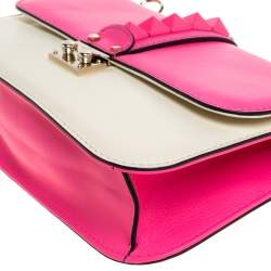 Pre Owned Valentino Neon Pink/White Leather Rockstud Medium Glam Lock Flap Bag