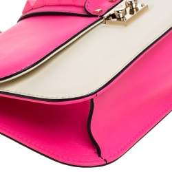 Pre Owned Valentino Neon Pink/White Leather Rockstud Medium Glam Lock Flap Bag