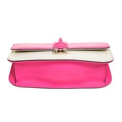 Pre Owned Valentino Neon Pink/White Leather Rockstud Medium Glam Lock Flap Bag