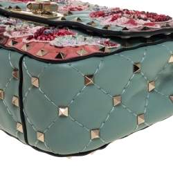 Pre Owned Valentino Multicolor Quilted Leather Embroidered Floral Patch Embellishments Small Rockstud Spike.It Chain Shoulder Bag