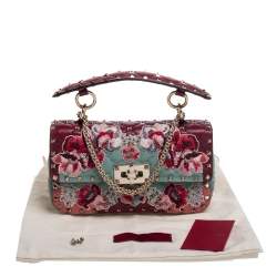 Pre Owned Valentino Multicolor Quilted Leather Embroidered Floral Patch Embellishments Small Rockstud Spike.It Chain Shoulder Bag