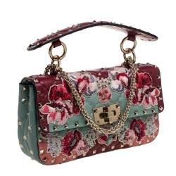 Pre Owned Valentino Multicolor Quilted Leather Embroidered Floral Patch Embellishments Small Rockstud Spike.It Chain Shoulder Bag