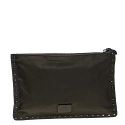 Pre Owned Valentino Military Green Nylon Rockstud Flat Clutch