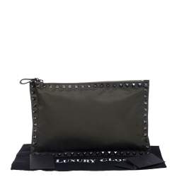 Pre Owned Valentino Military Green Nylon Rockstud Flat Clutch