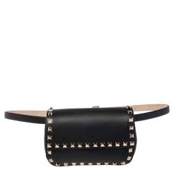 Pre Owned Valentino Black Leather Rockstud Flap Belt Bag
