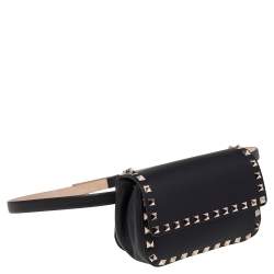 Pre Owned Valentino Black Leather Rockstud Flap Belt Bag