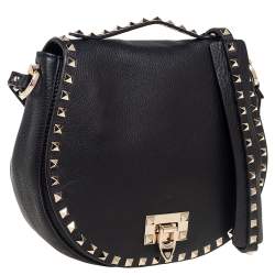 Pre Owned Valentino Black Grained Leather Rockstud Saddle Shoulder Bag